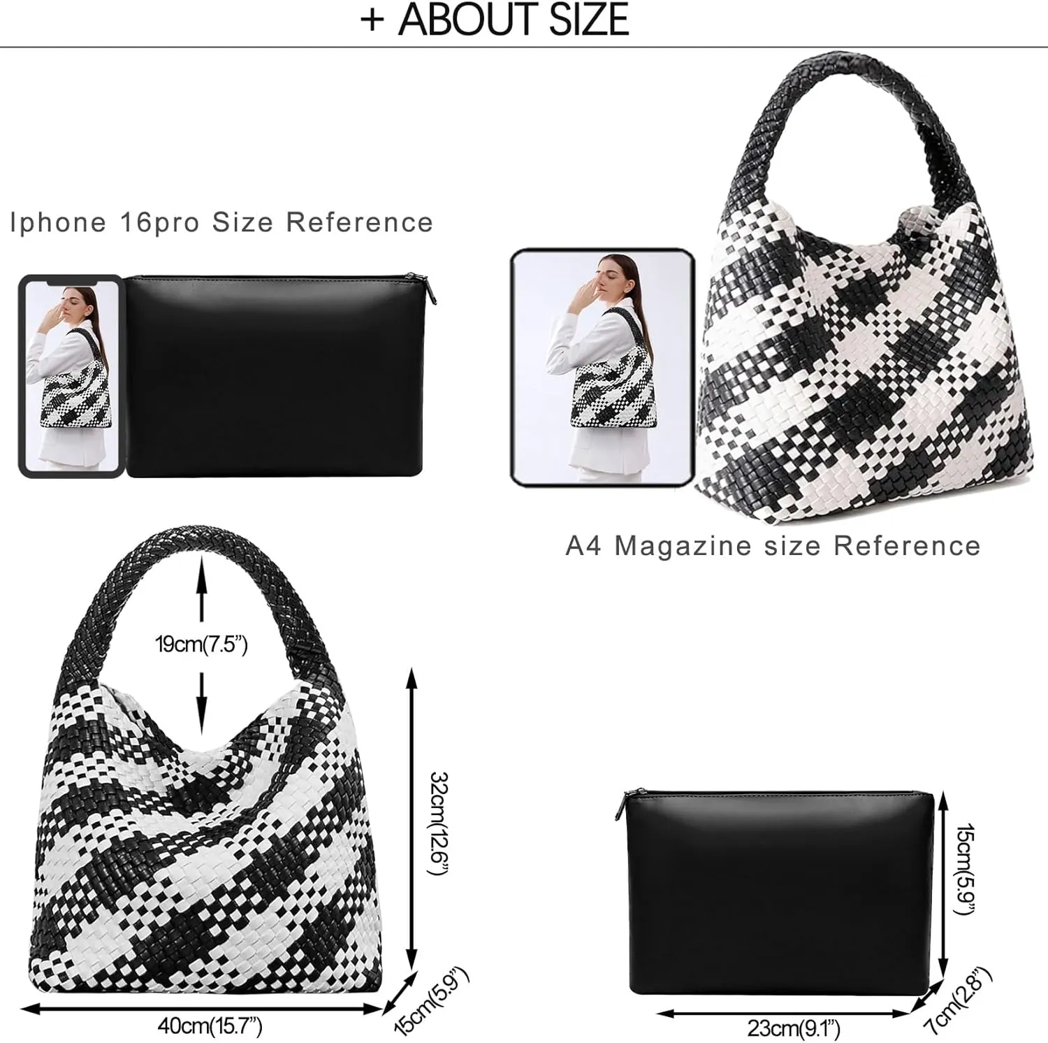 Women Vegan Leather Hand-Woven Tote Handbag Fashion Shoulder Top-handle Bag All-Match Underarm Bag with Purse