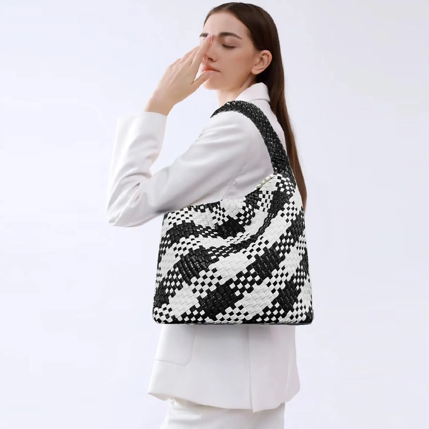 Women Vegan Leather Hand-Woven Tote Handbag Fashion Shoulder Top-handle Bag All-Match Underarm Bag with Purse