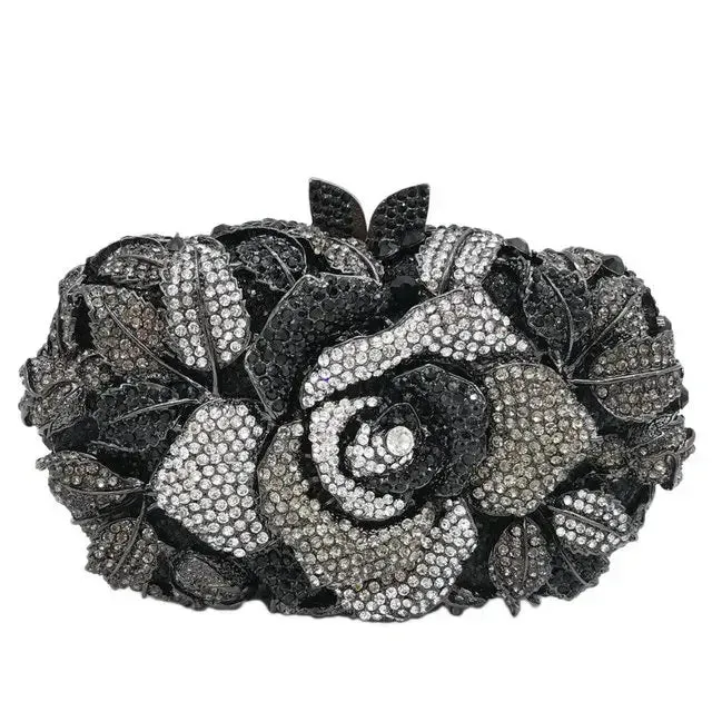 Women's Gold Flower Clutch Evening Bags: Bridal Wedding Handbags for Formal Parties with Rhinestone Floral Purses