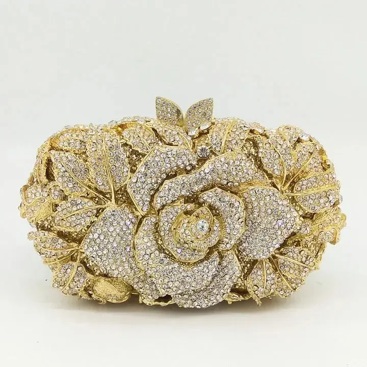 Women's Gold Flower Clutch Evening Bags: Bridal Wedding Handbags for Formal Parties with Rhinestone Floral Purses