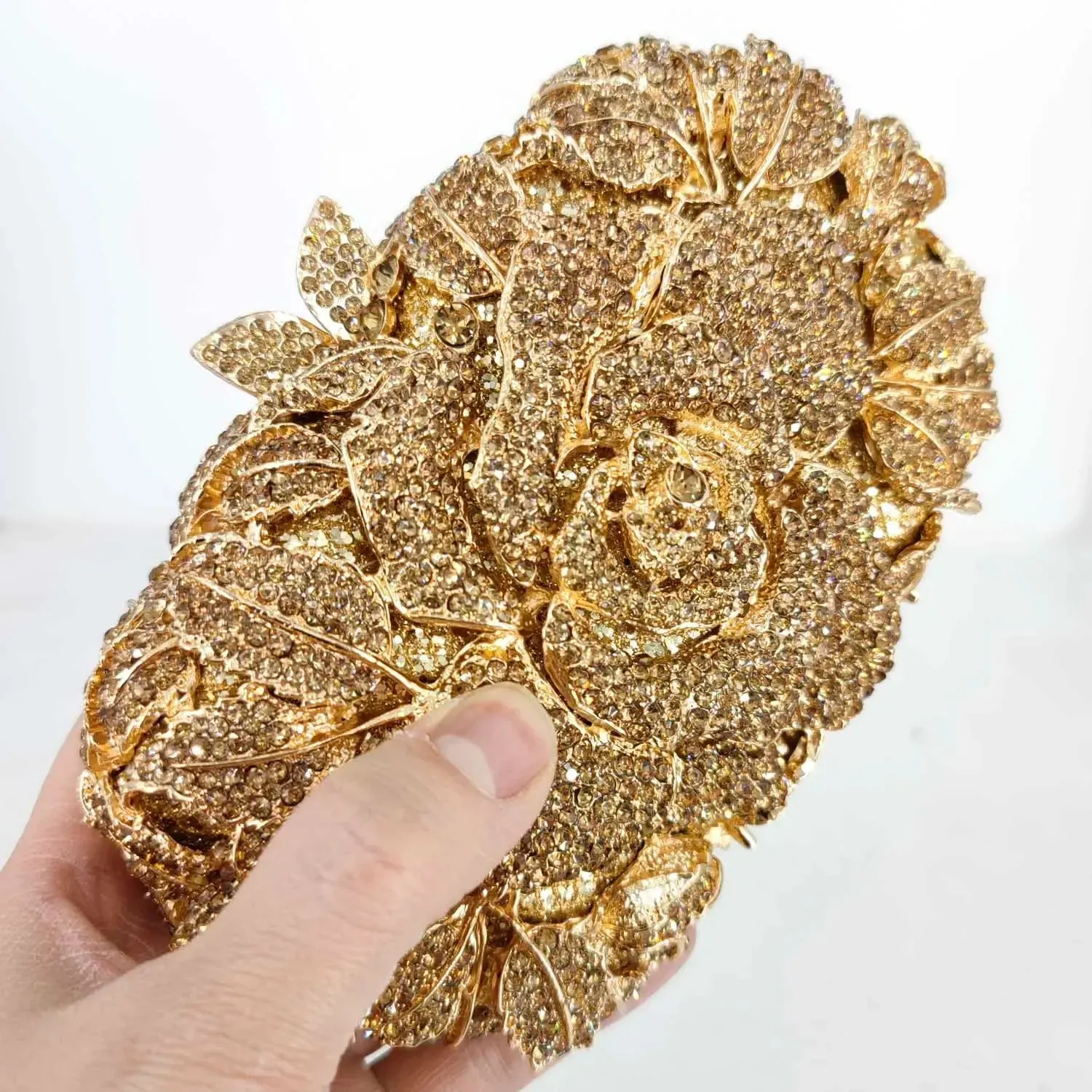 Women's Gold Flower Clutch Evening Bags: Bridal Wedding Handbags for Formal Parties with Rhinestone Floral Purses